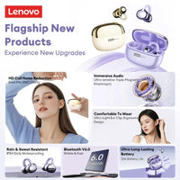 Lenovo LE302 Ear Clip Wireless Earphones - Bluetooth 6.0 | Active Noise Cancelling, HiFi Stereo, Waterproof Sport Headphones
