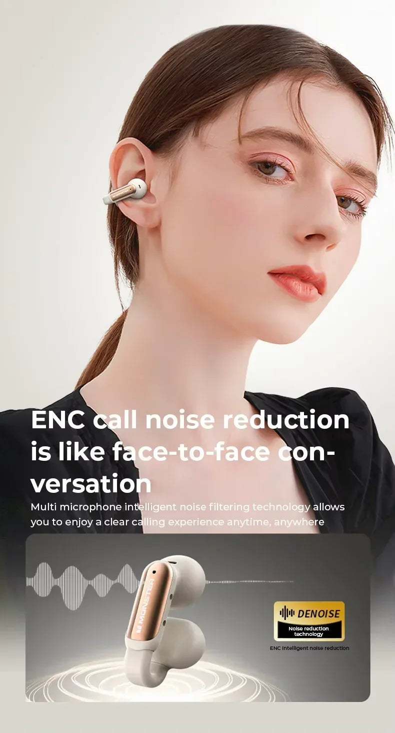 Woman wearing wireless earbuds with text about noise reduction technology on a light background
