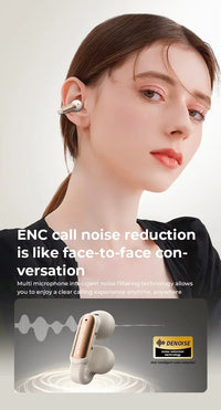 Woman wearing wireless earbuds with text about noise reduction technology on a light background