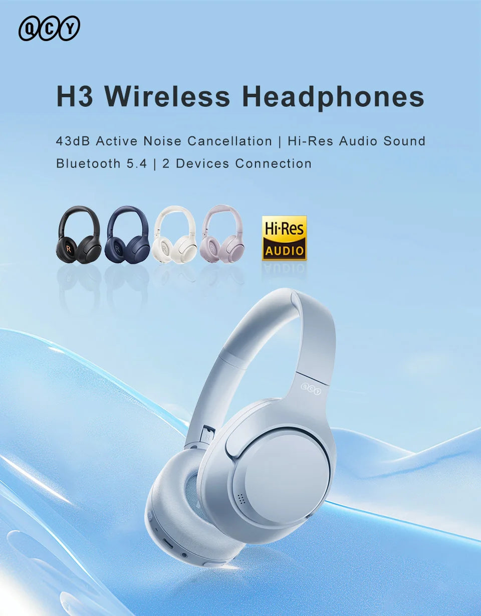 QCY H3 ANC Over-Ear Headphones - 43dB Hybrid ANC, Hi-Res Audio, Bluetooth 5.4 | 60H Battery, 40mm Driver, Transparency Mode, Wireless & Wired