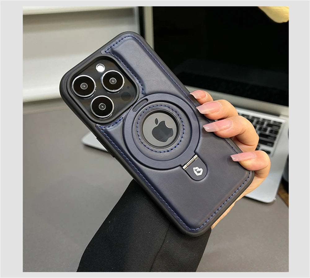 Luxury Magnetic Stand Ring Vegan Leather iPhone Case - MagSafe Compatible | Anti-Scratch Hollow Logo Cover for iPhone 12-17 Series