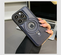 Luxury Magnetic Stand Ring Vegan Leather iPhone Case - MagSafe Compatible | Anti-Scratch Hollow Logo Cover for iPhone 12-17 Series