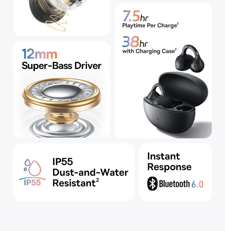 Baseus BC1 Open-Ear Clip Earbuds - Bluetooth 6.0 | 4-Mic ENC, 38Hr Battery, IP55 Waterproof, Super Bass Sport Earphones