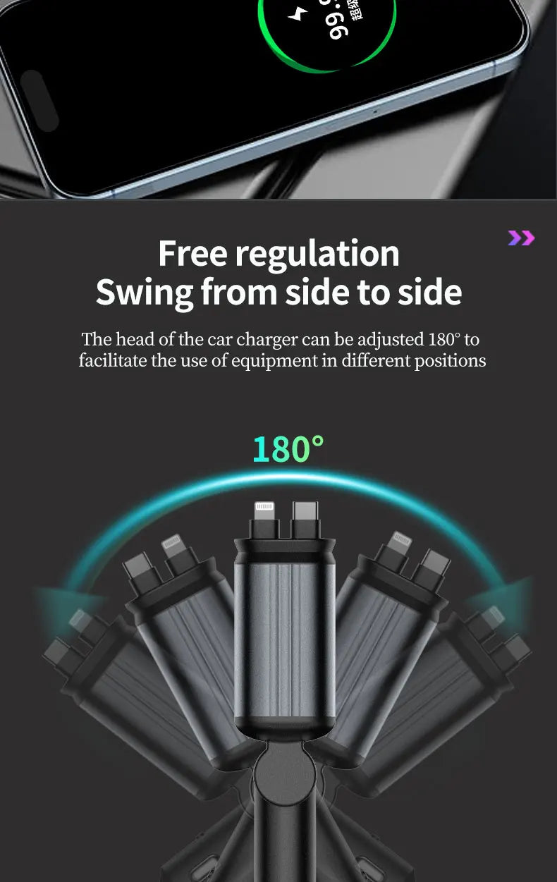 4-in-1 PD30W Car Fast Charger with Retractable Cables - USB Type-C Power Adapter | 120W Max with Roof Starlight for iOS & Android