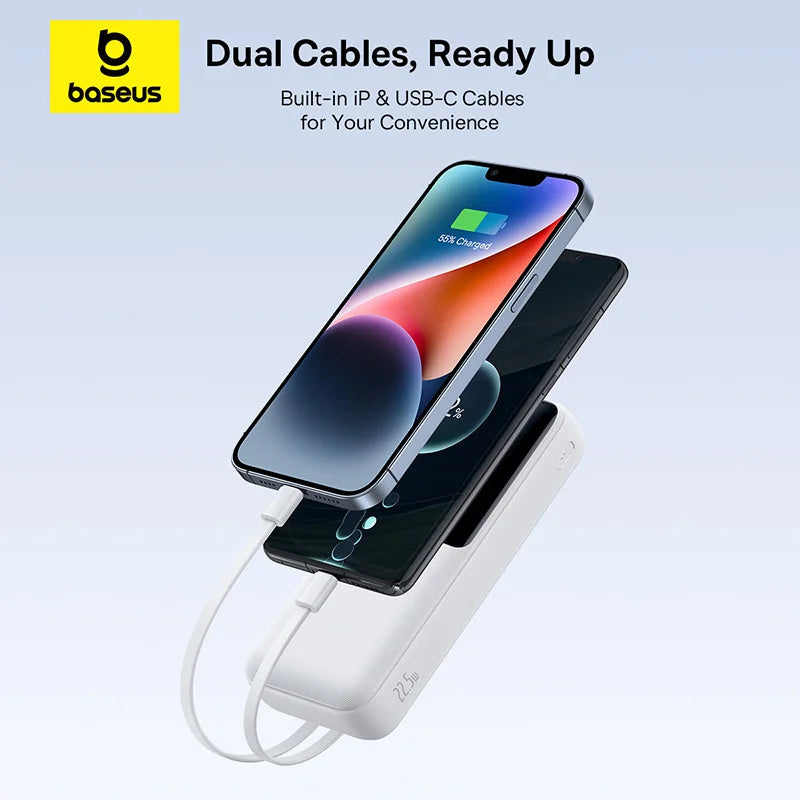 Baseus Power Bank 20000mAh - 22.5W Fast Charging | Built-in Lightning & USB-C Cables, LCD Display, Air-Travel Friendly, iPhone & Android
