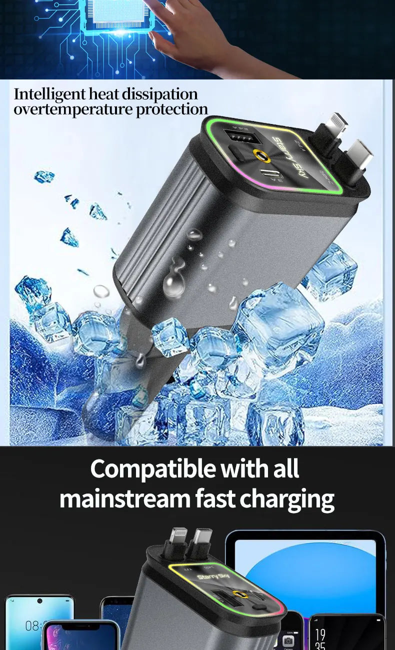4-in-1 PD30W Car Fast Charger with Retractable Cables - USB Type-C Power Adapter | 120W Max with Roof Starlight for iOS & Android