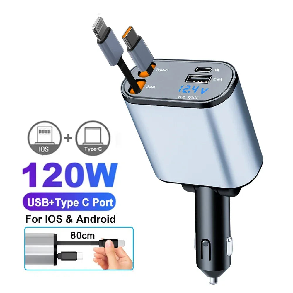4-in-1 PD30W Car Fast Charger with Retractable Cables - USB Type-C Power Adapter | 120W Max with Roof Starlight for iOS & Android