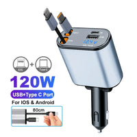 4-in-1 PD30W Car Fast Charger with Retractable Cables - USB Type-C Power Adapter | 120W Max with Roof Starlight for iOS & Android
