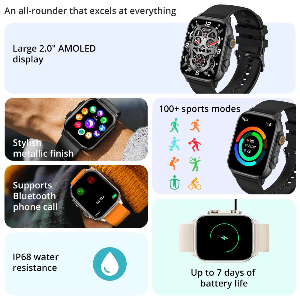 COLMI C81 Smartwatch – 2.0" AMOLED, AOD, 100 Sports Modes, Bluetooth Calling | IP68 | Men & Women