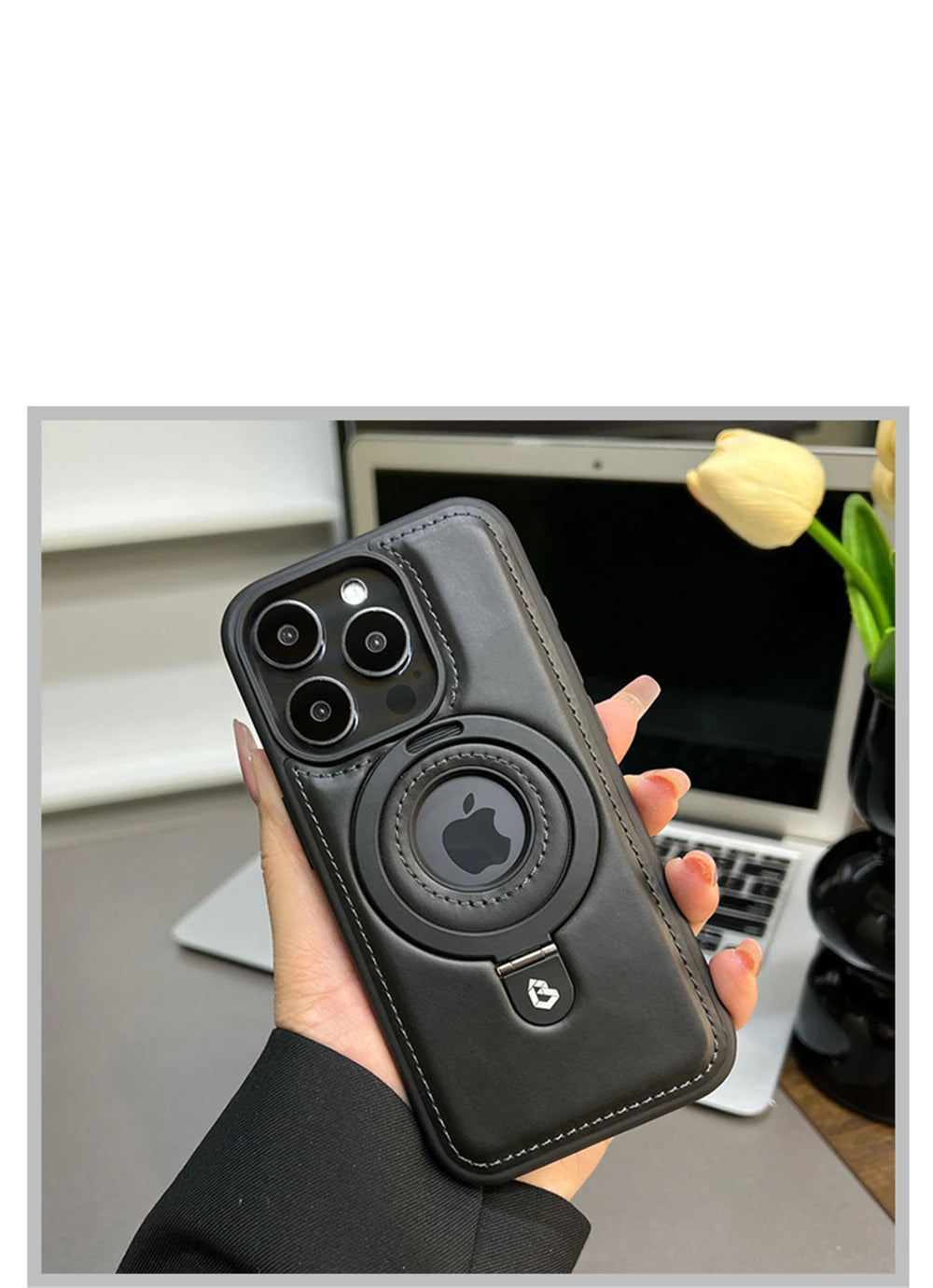 Luxury Magnetic Stand Ring Vegan Leather iPhone Case - MagSafe Compatible | Anti-Scratch Hollow Logo Cover for iPhone 12-17 Series