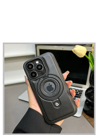 Luxury Magnetic Stand Ring Vegan Leather iPhone Case - MagSafe Compatible | Anti-Scratch Hollow Logo Cover for iPhone 12-17 Series