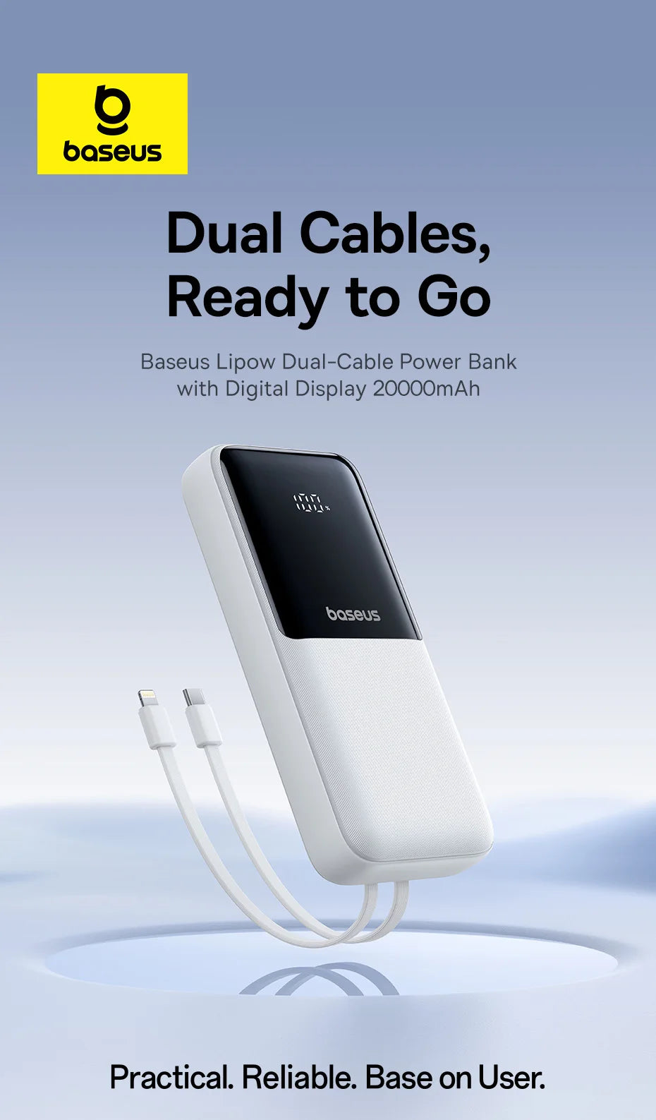 Baseus Power Bank 20000mAh - 22.5W Fast Charging | Built-in Lightning & USB-C Cables, LCD Display, Air-Travel Friendly, iPhone & Android