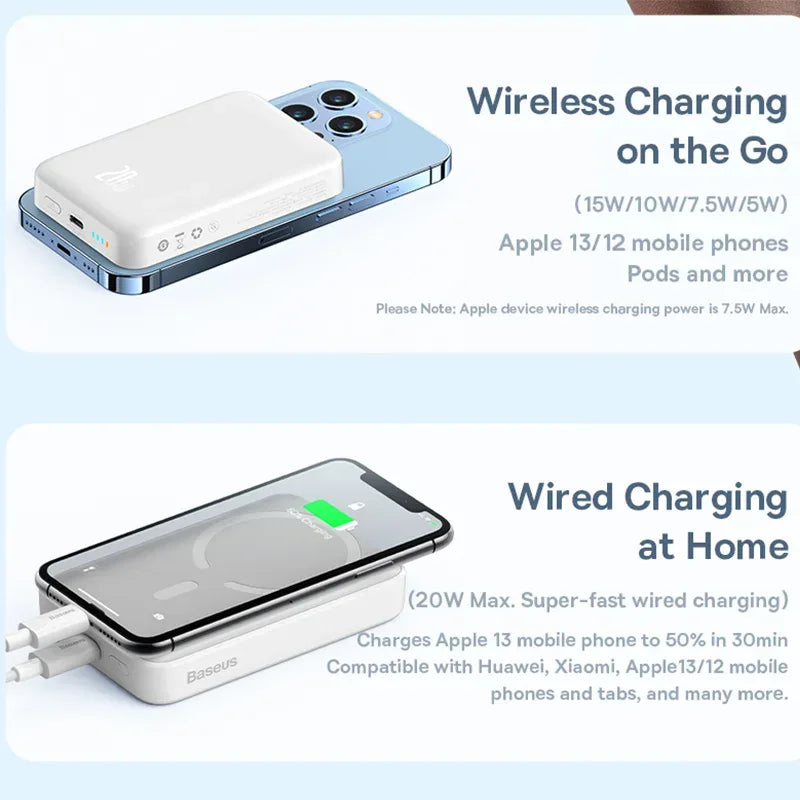 Two charging devices with text on wireless and wired charging capabilities.