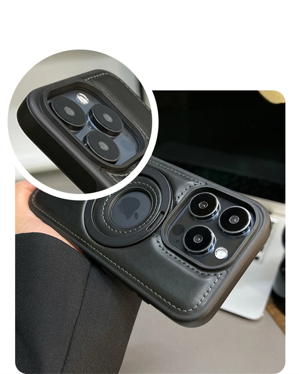 Luxury Magnetic Stand Ring Vegan Leather iPhone Case - MagSafe Compatible | Anti-Scratch Hollow Logo Cover for iPhone 12-17 Series