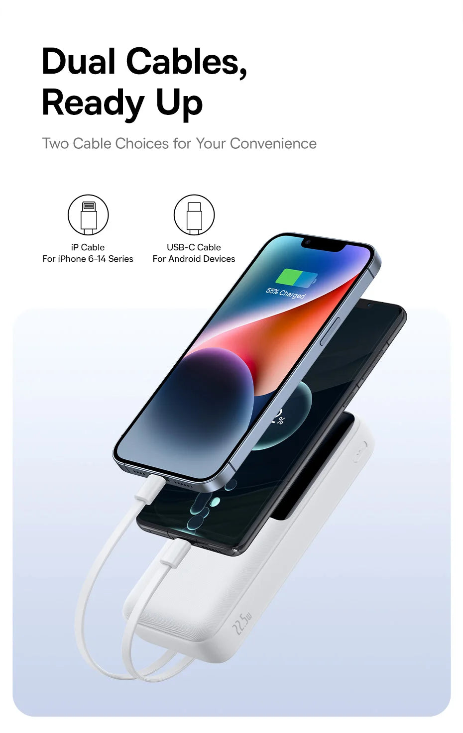 Baseus Power Bank 20000mAh - 22.5W Fast Charging | Built-in Lightning & USB-C Cables, LCD Display, Air-Travel Friendly, iPhone & Android