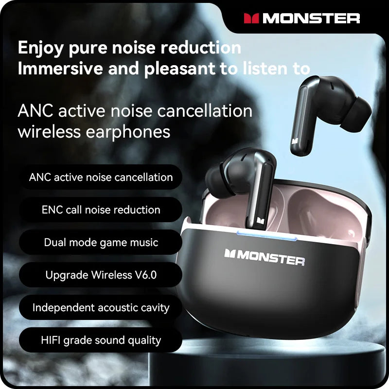Monster ANC TWS Earbuds - Bluetooth 5.3 Active Noise Cancellation | Waterproof Sport In-Ear Headphones with Charging Case