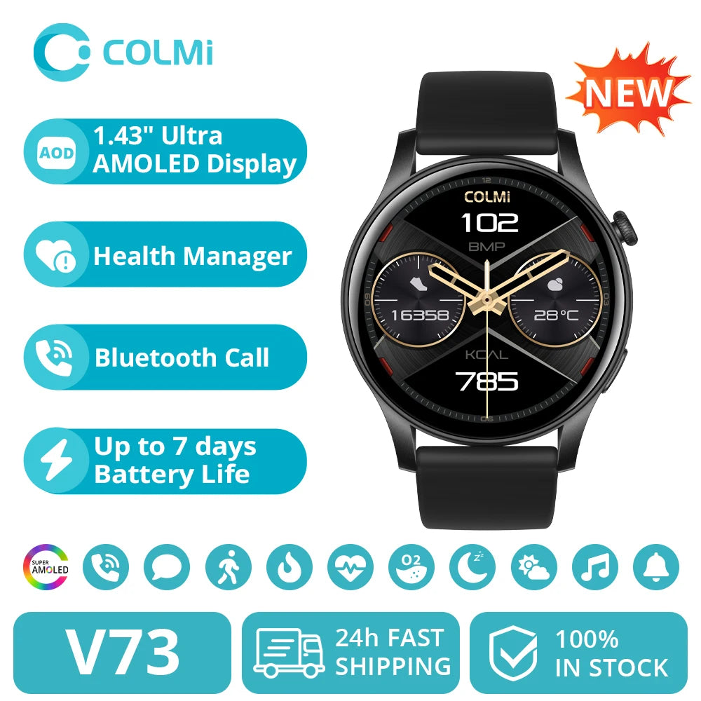 COLMI V73 Smartwatch – 1.43" AMOLED, Bluetooth Calling, Health & Fitness Tracking | Men & Women