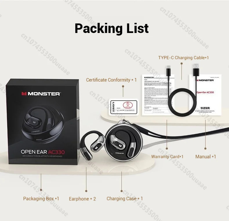 Monster AC330 OWS Open-Ear Headphones - Bluetooth 5.4 | ENC Call Noise Cancelling, 360° Surround Sound, 24H Battery, Waterproof Sport Headset