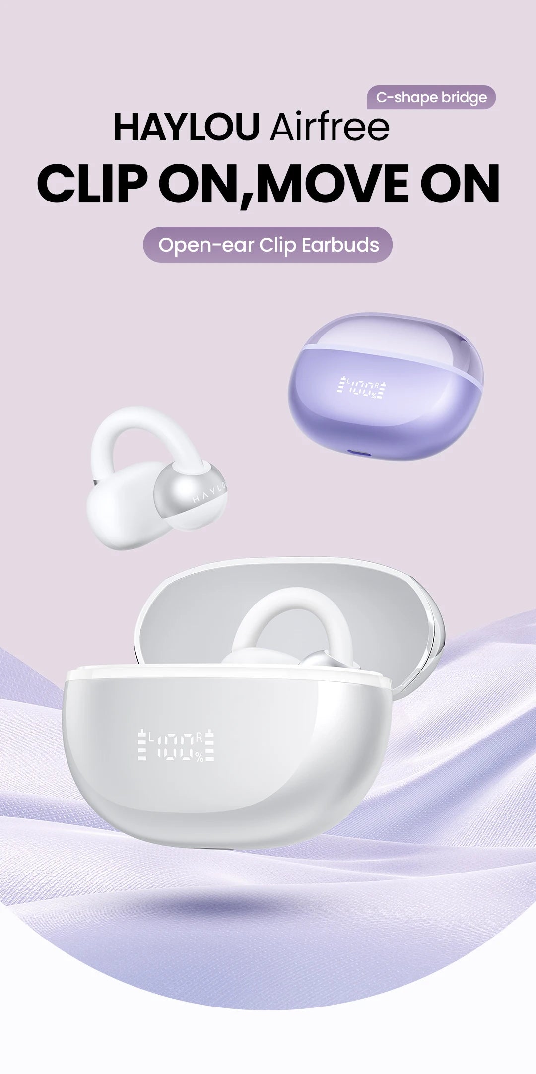 HAYLOU AirFree Ear Clip Earphones - Bluetooth 5.4 | AI Noise Reduction, 28H Battery, 360° Spatial Audio, Smart LED Display