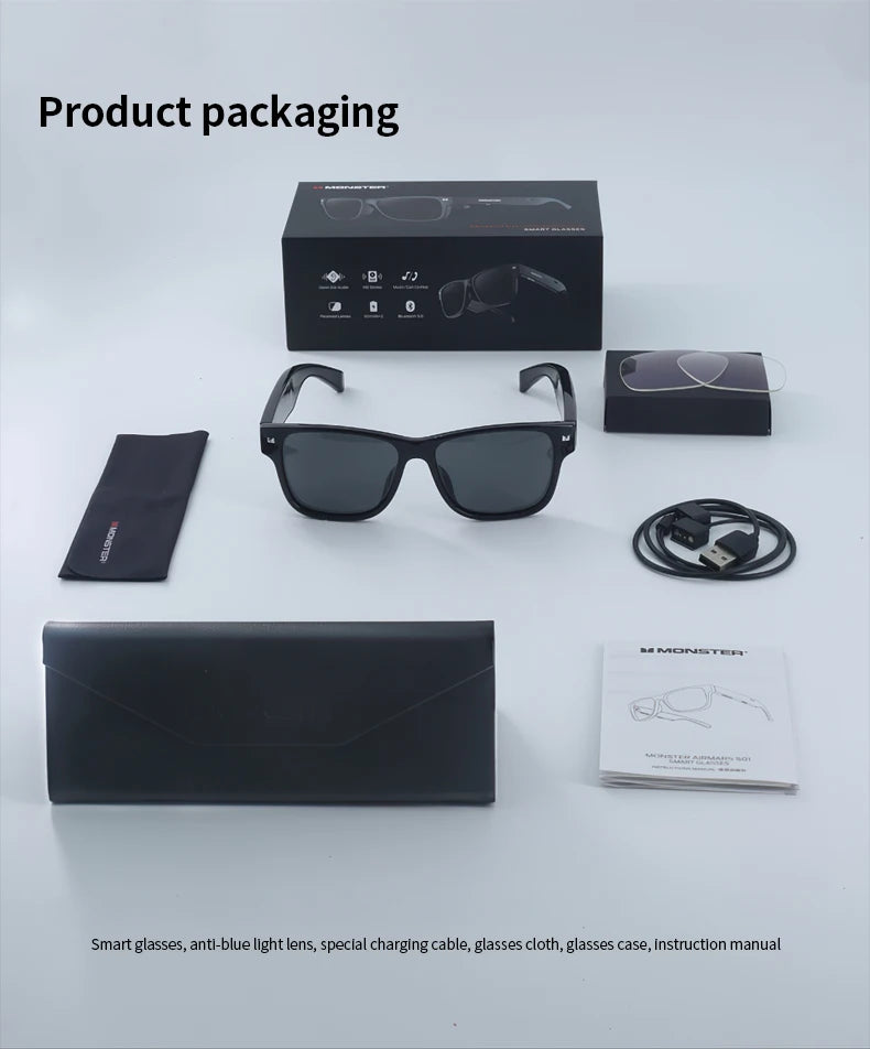 Monster Glasses S01 Bluetooth Audio Sunglasses - Wireless 5.0 Smart Eyeglasses | Open-Ear Music & Calling, Outdoor Sport, CE Certified