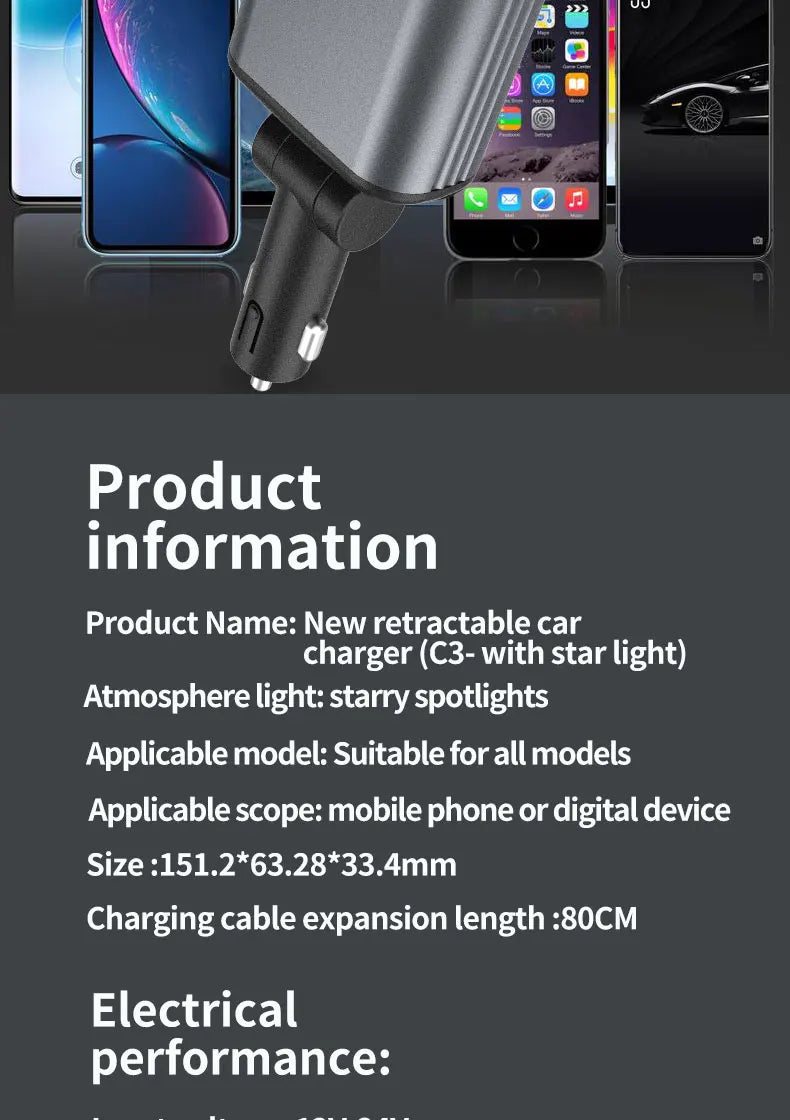 4-in-1 PD30W Car Fast Charger with Retractable Cables - USB Type-C Power Adapter | 120W Max with Roof Starlight for iOS & Android