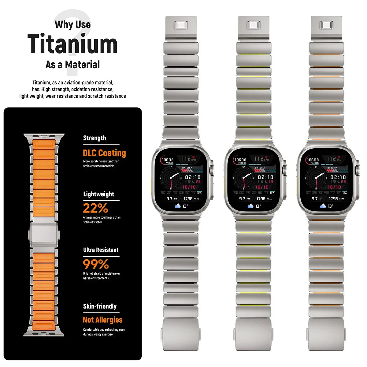 Titanium Silicone Magnetic Apple Watch Band - Luxury Metal Strap for Ultra 3/2/1 49mm, Series 11/10 46mm, Series 9/8/7 45mm, Series 6/SE/5/4 44mm, Series 3/2/1 42mm
