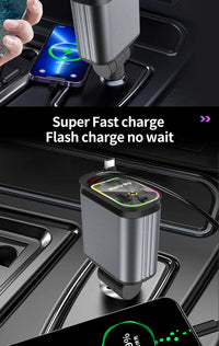 4-in-1 PD30W Car Fast Charger with Retractable Cables - USB Type-C Power Adapter | 120W Max with Roof Starlight for iOS & Android
