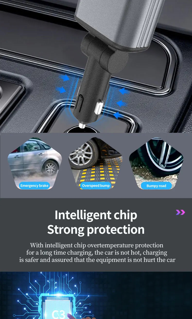4-in-1 PD30W Car Fast Charger with Retractable Cables - USB Type-C Power Adapter | 120W Max with Roof Starlight for iOS & Android