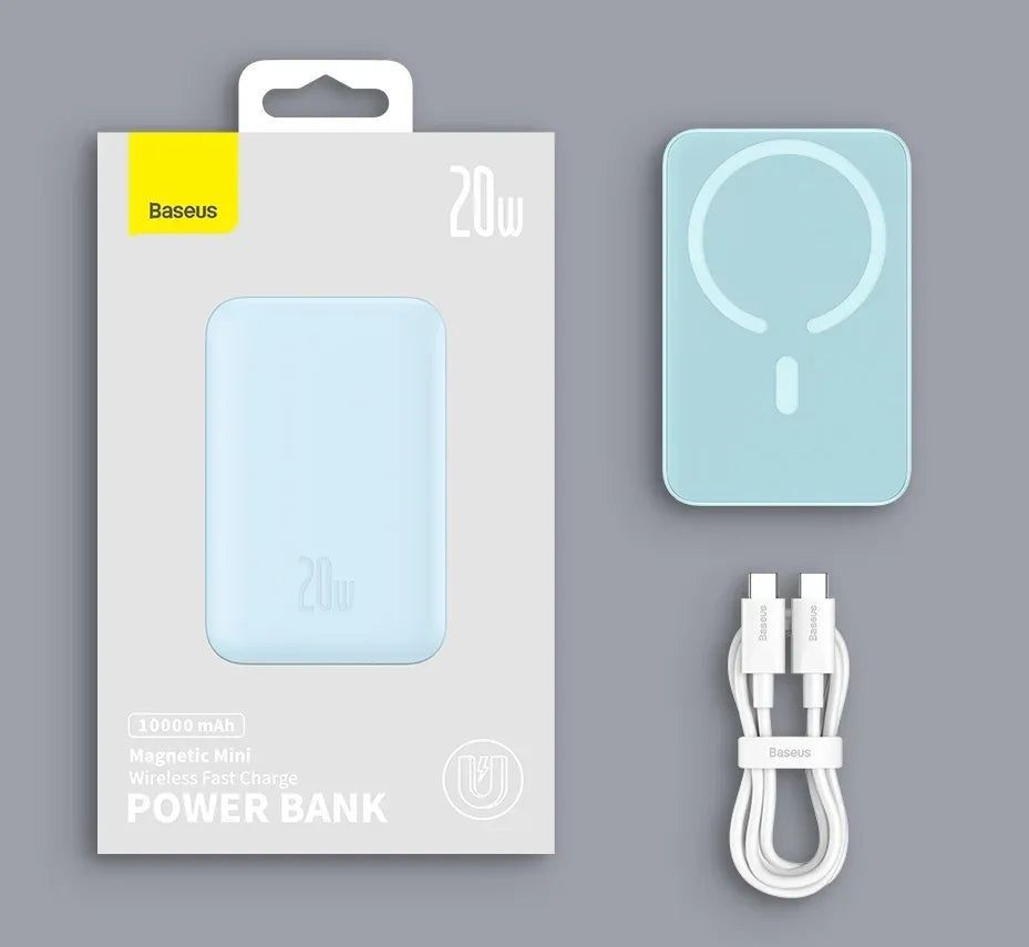 Baseus power bank packaging with power bank, cable, and sticker on a gray background