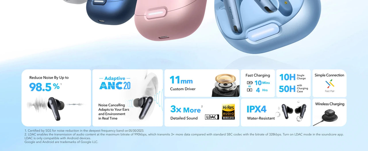 Soundcore by Anker Liberty 4 NC ANC Earbuds - 98.5% Noise Reduction, LDAC Hi-Res, Bluetooth 5.3 | 50H Battery, Replaceable Pads, Waterproof TWS