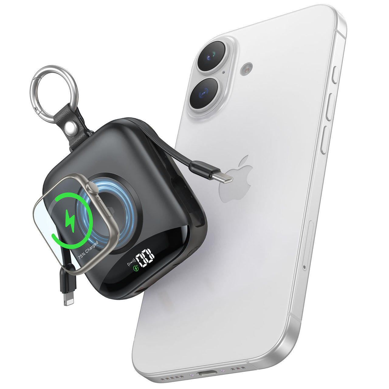 10000mAh Power Bank – Built-In Type-C & Lightning, Apple Watch Wireless Charging, PD 20W Fast Charge | LED Display