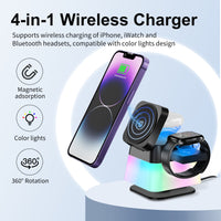 Thumbnail for 4 In 1 Rotatable Colorful Lighting Wireless Charger Stand For Phone 15 14 13 12 Pro Max 8 7 Holder Magnetic Fast Charging Station