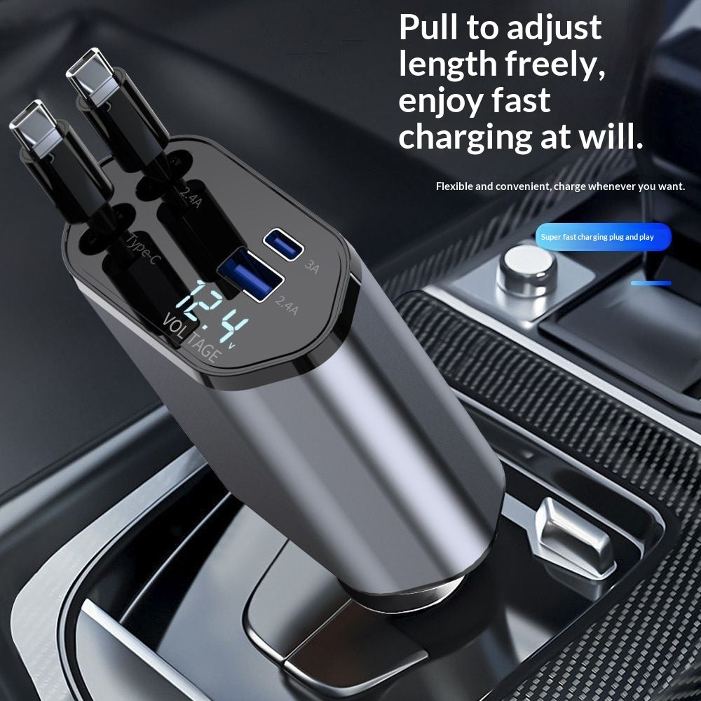4-in-1 Car Charger 120W - QC3.0 Fast Charging with Retractable Cables | Digital Display USB-C Cigarette Lighter Adapter