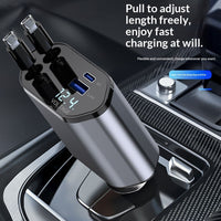 4-in-1 Car Charger 120W - QC3.0 Fast Charging with Retractable Cables | Digital Display USB-C Cigarette Lighter Adapter