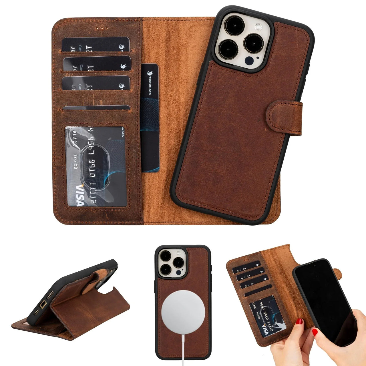 Toronata Casper Leather iPhone 15 Wallet Case - Magnetic Detachable MagSafe | RFID Protection with Kickstand & Card Slots