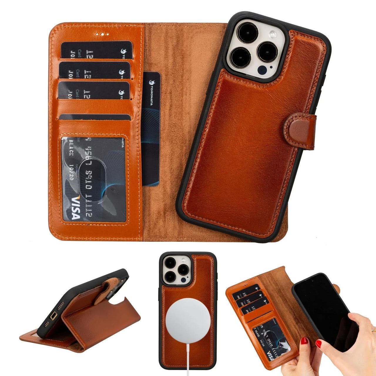 Toronata Casper Leather iPhone 15 Wallet Case - Magnetic Detachable MagSafe | RFID Protection with Kickstand & Card Slots