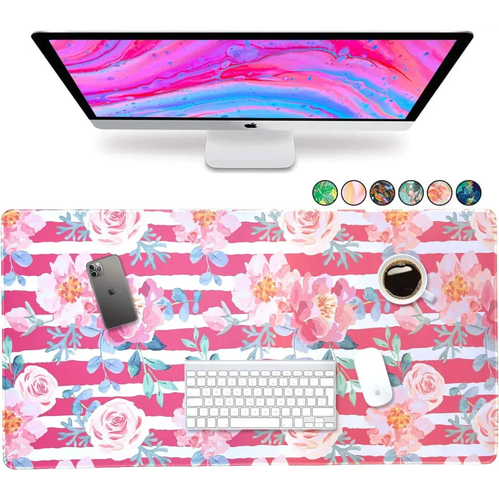 Large Mouse Pad Desk Mat Keyboard Desktop Home Office School Essentials College Cute Decor Big Laptop Protector Computer Accessories Pretty Mousepad Floral Pink Roses White Stripe 30"X15"