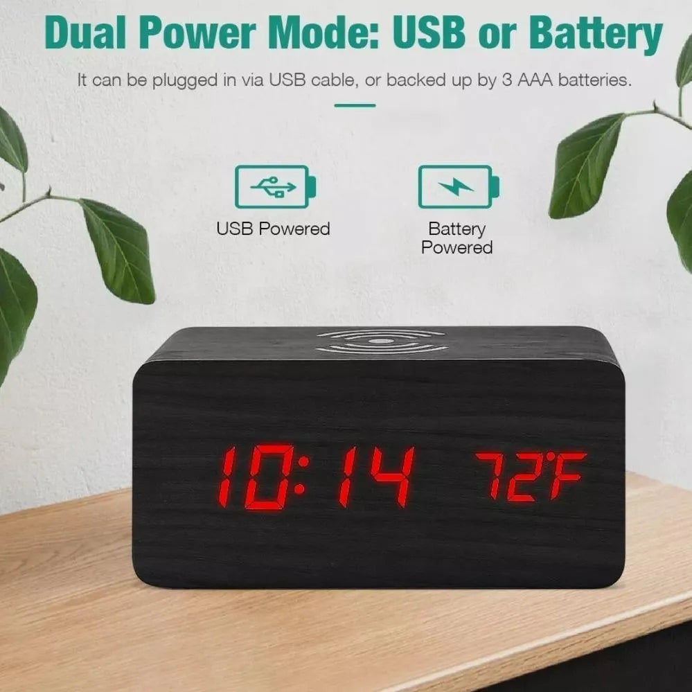 Wooden Digital Alarm Clock with Wireless Phone Charging Pad - TechShopi