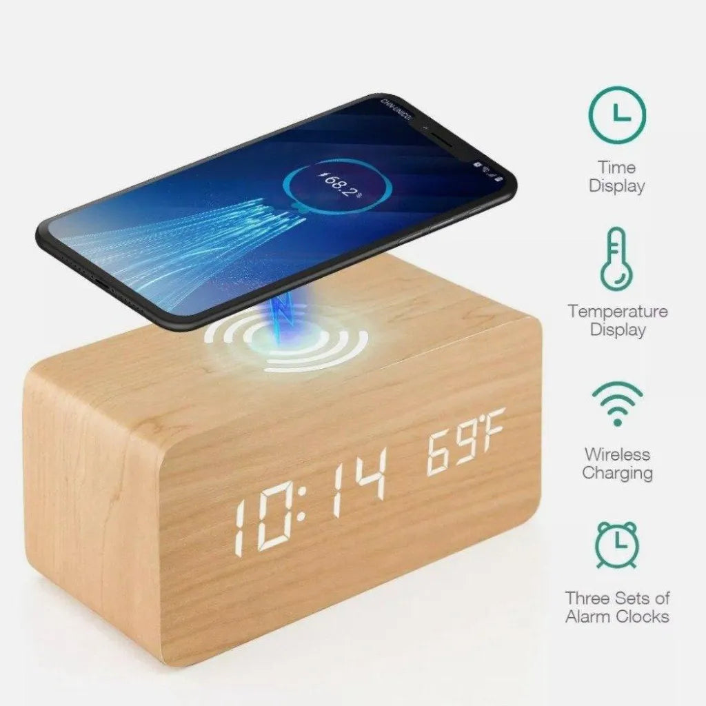 Wooden Digital Alarm Clock with Wireless Phone Charging Pad - TechShopi