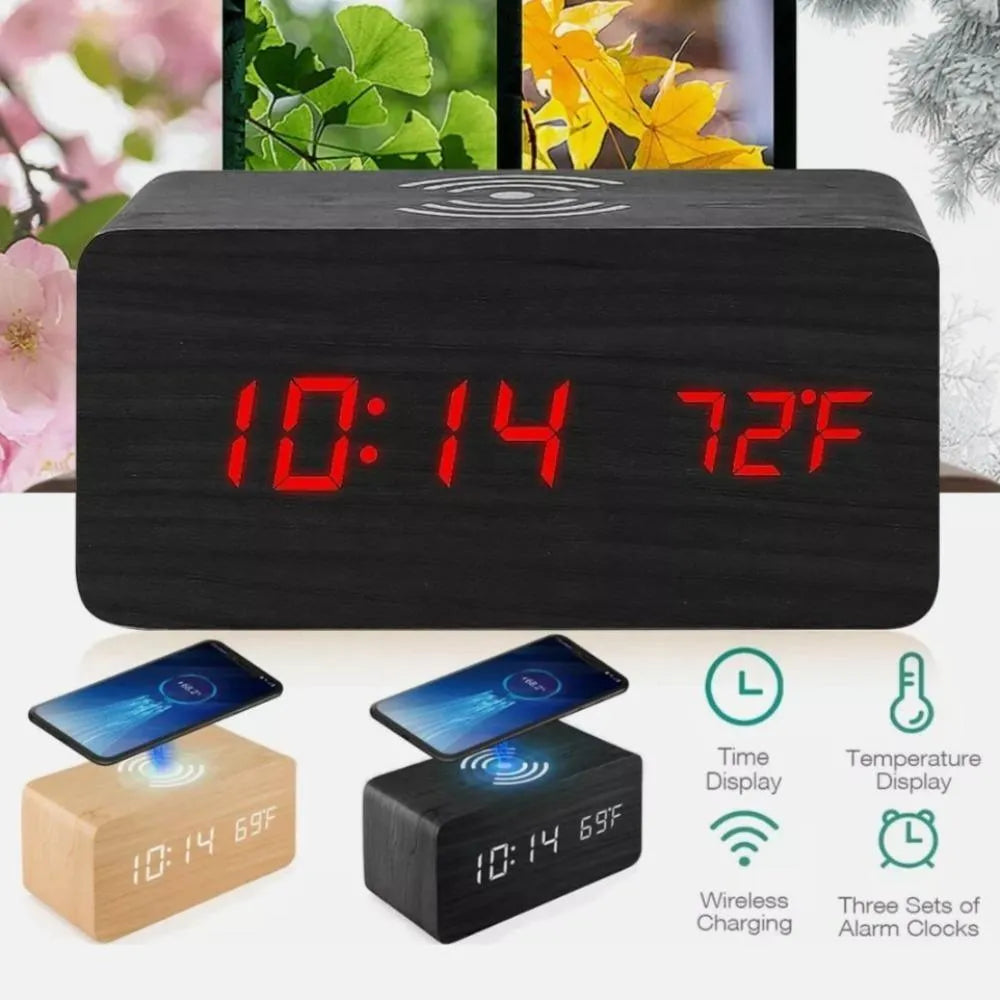 Wooden Digital Alarm Clock with Wireless Phone Charging Pad - TechShopi