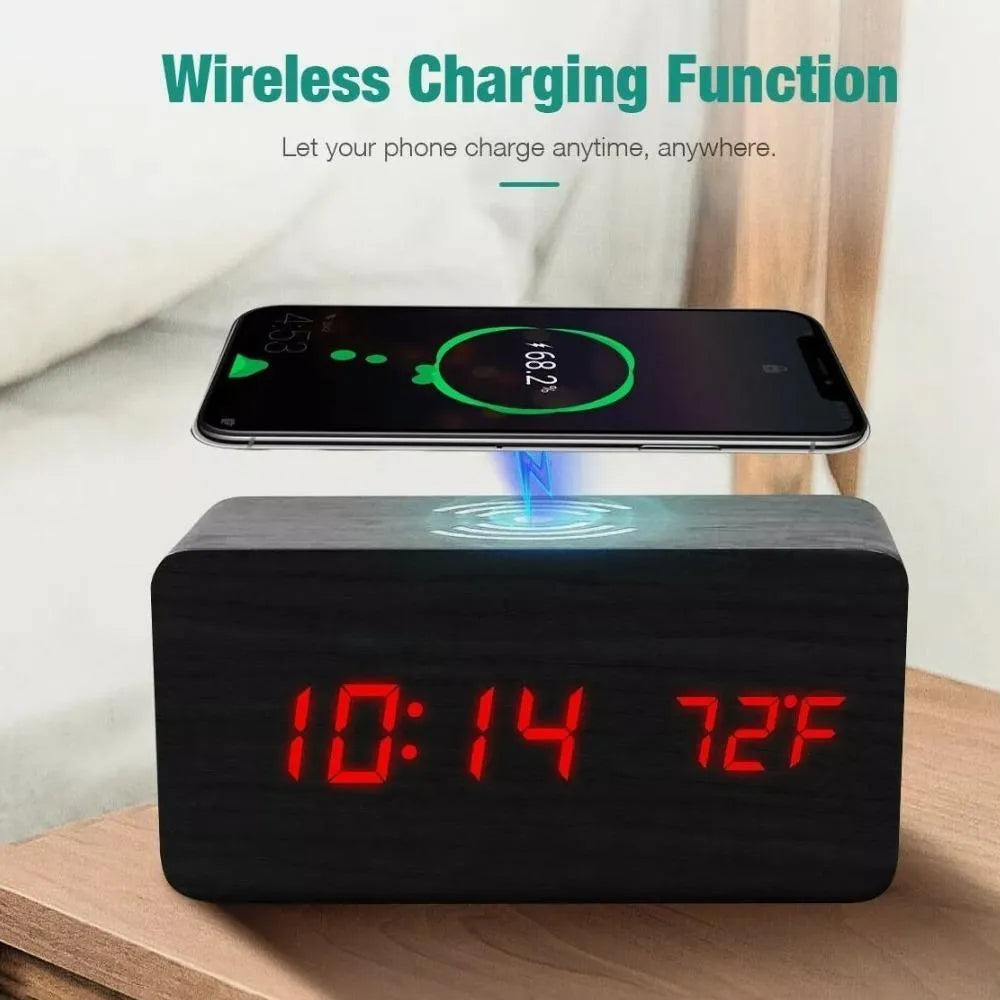 Wooden Digital Alarm Clock with Wireless Phone Charging Pad - TechShopi